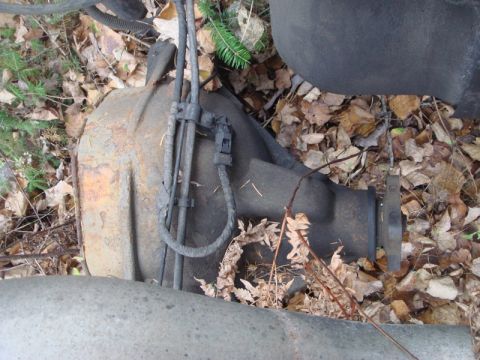 1996 Ford Bronco - A rusty rear differential assembly with attached brake lines and a sensor is visible amongst fallen leaves.