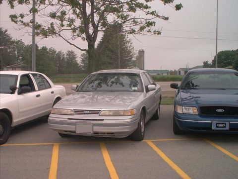 2000 Ford Crown Victoria - Two Ford Crown Victorias are parked side-by-side in a parking lot under an overcast sky.