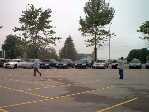 2000 Ford Crown Victoria - Several Ford Crown Victorias are parked in a lot under an overcast sky.