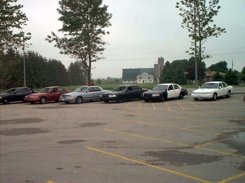 2000 Ford Crown Victoria - Several Ford Crown Victorias are parked in a lot under an overcast sky.