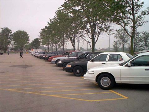 2000 Ford Crown Victoria - Several police cruisers are parked in a lot, with a white Ford Crown Victoria prominently in the foreground.