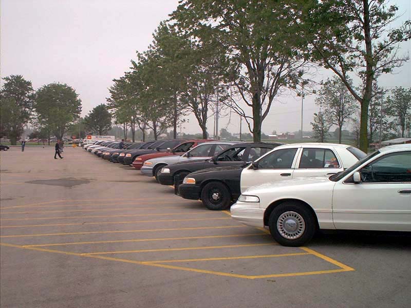 Row of police cars parked in lot, white Crown Victoria in foreground