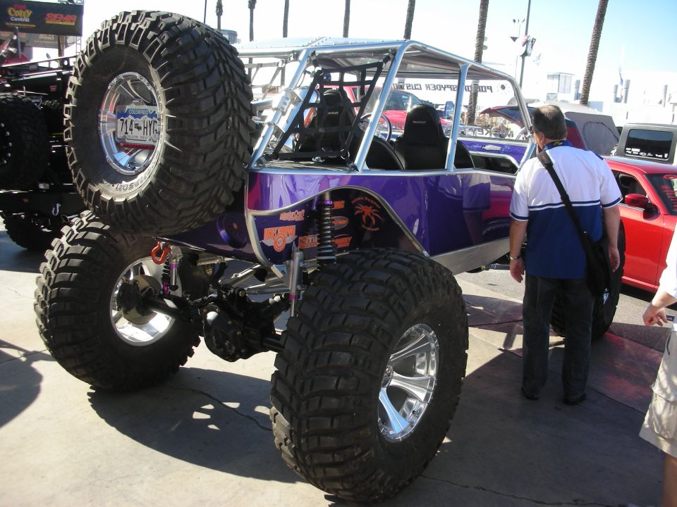 Purple tube-chassis rock crawler buggy with huge mud tires and roll cage at show