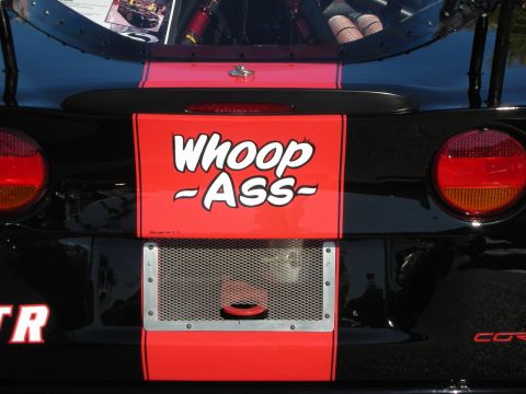 1998 Ford Crown Victoria - Close-up of a black Corvette rear deck showing a red center stripe with cartoon Whoop Ass lettering between the tail lights.