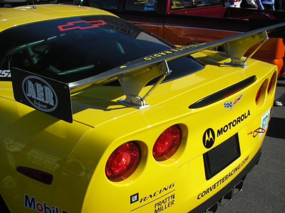 Yellow Corvette race car rear wing and tail with Motorola and Corvette Racing decals