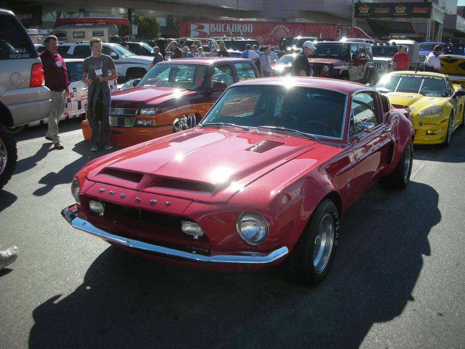 Red Shelby Mustang fastback front view in crowded outdoor car show lot
