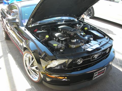 1998 Ford Crown Victoria - Front three-quarter view of a black Ford Mustang with hood raised, revealing a polished supercharged engine and chrome wheels.