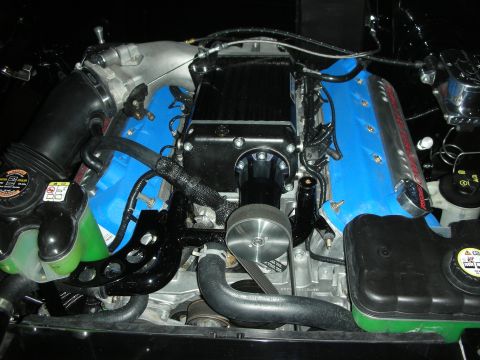 1998 Ford Crown Victoria - Modern V8 engine with blue valve covers and a black intake plenum installed in a green-accented engine bay.