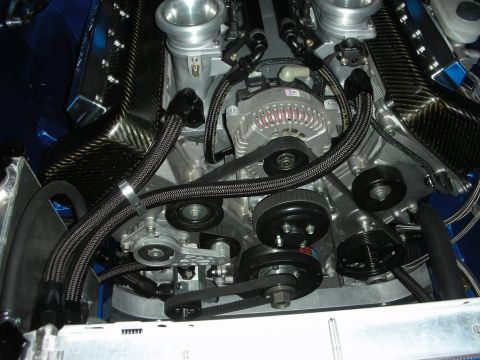 1998 Ford Crown Victoria - accessory front of a carbon-fiber-covered engine showing the alternator, serpentine pulleys and braided hoses in a blue bay.