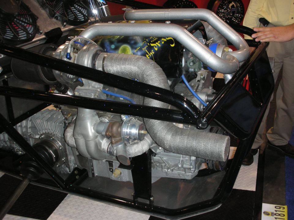 Twin-turbo engine mounted in a tubular space-frame chassis