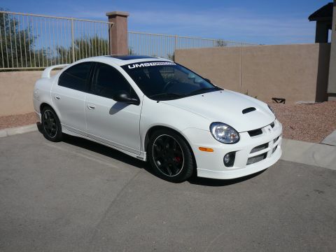 1996 Ford Probe - A white Dodge Neon SRT-4 is parked in front of a beige wall and fence under a clear blue sky.