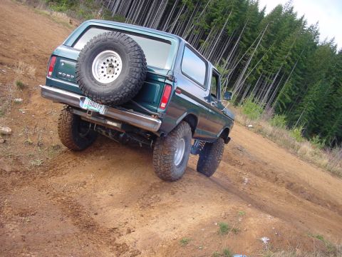 1979 Ford Bronco - This Ford Bronco is navigating a steep, dirt trail surrounded by a dense forest.