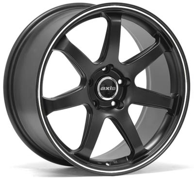1996 Ford Probe - A close-up view of a black 6-spoke aftermarket wheel a polished lip and the 'axis' brand logo at its center.