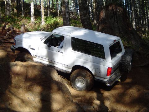 1978 Ford Bronco - A white SUV is shown off-roading on a challenging rocky trail surrounded by trees.