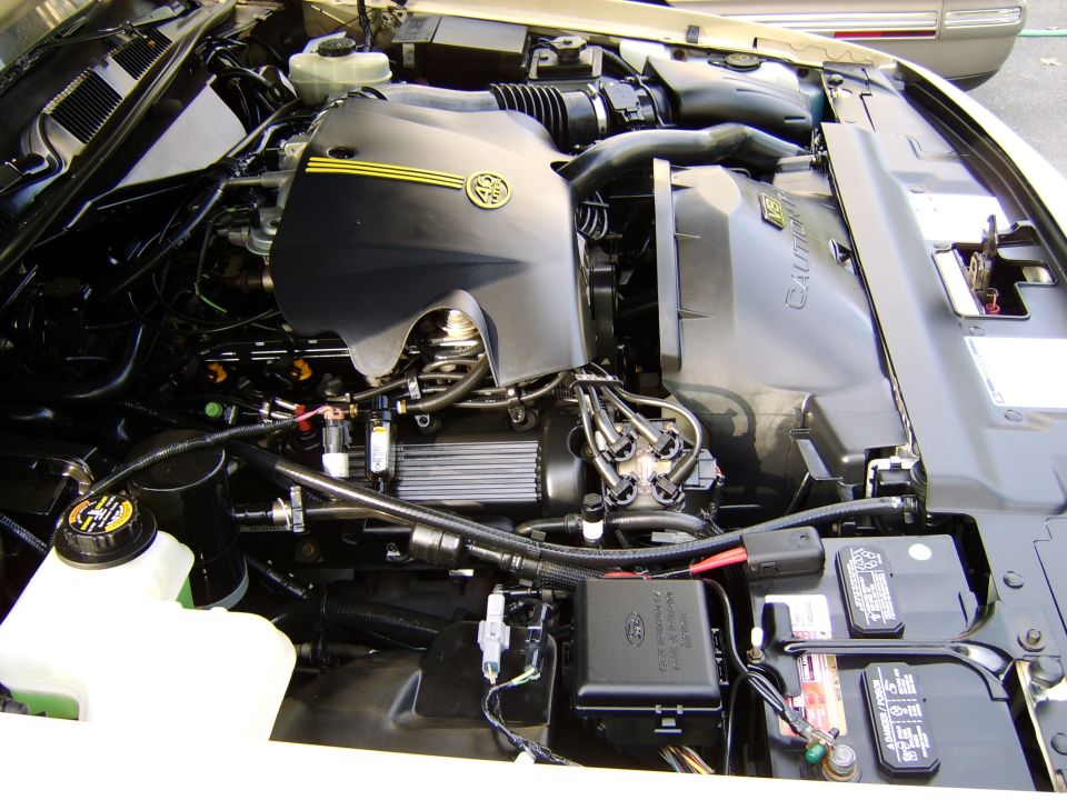 Engine bay with black V8 cover, yellow stripes, spark plug wires and battery