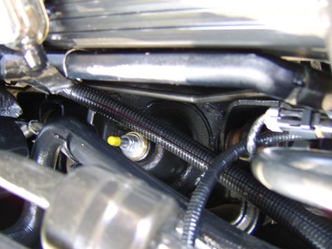 1996 Mercury Grand Marquis - Close-up view of engine bay components, including hoses and wiring, with a yellow-capped sensor.
