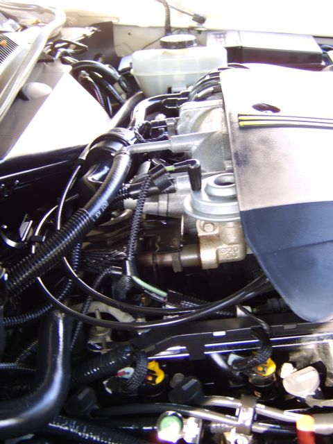 1996 Mercury Grand Marquis - Close-up view of a vehicle's engine bay, showing various hoses, wires, and engine components.