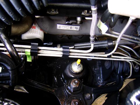 1996 Mercury Grand Marquis - Close-up view of engine components, including an oil filter and various hoses.
