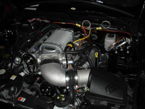 Engine bay with a polished supercharger and braided coolant lines