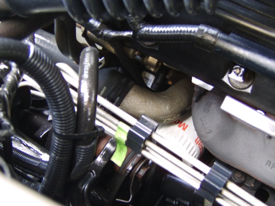 Close-up of engine bay wiring, hoses, and metal lines with a black clip and green tag