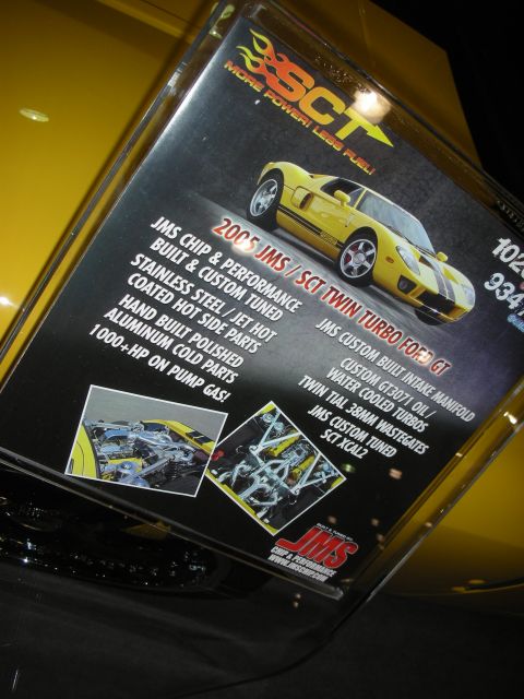 SCT JMS display card for a 2005 Ford GT twin-turbo build listing modifications and power claims