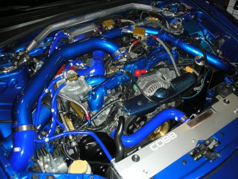 Engine bay with bright blue silicone hoses, intercooler piping, and Cobb plate