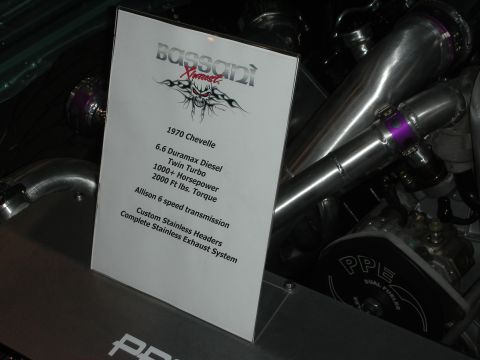 1998 Ford Crown Victoria - Car-show display card for a Duramax-diesel-powered 1970 Chevelle listing engine and exhaust specifications.