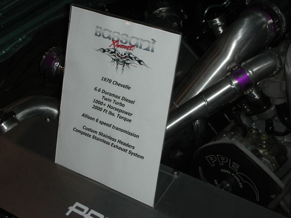 Bassani Xhaust display card for a 1970 Chevelle with 6.6 Duramax diesel twin-turbo listing specs