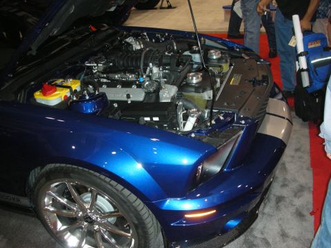 1998 Ford Crown Victoria - Front-quarter view of a metallic-blue Ford Mustang with its hood up, revealing the engine and brake reservoirs.