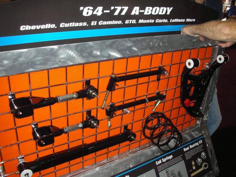 Display board of GM A-body suspension parts labeled 64-77 A-Body