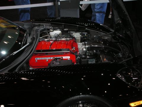 1998 Ford Crown Victoria - black Corvette's engine bay reveals a V8 topped with red finned intake covers and polished accessories under the raised hood.