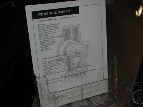 1998 Ford Crown Victoria - Hulst Customs 'Striker' 2007 price sheet listing the turnkey truck package contents and parts pricing.