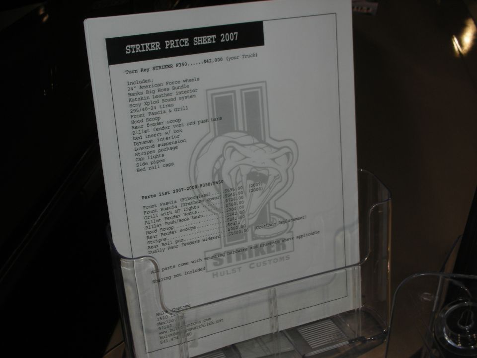 Striker Price Sheet 2007 from Hulst Customs listing turnkey package and parts pricing in a brochure holder