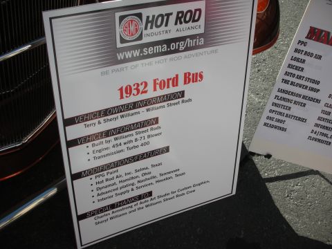 1998 Ford Crown Victoria - SEMA HRIA vehicle-information placard for a 1932 Ford Bus listing owner, build details and modifications.
