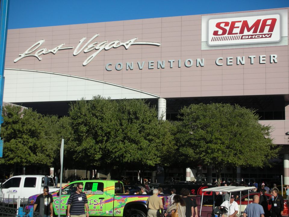 Las Vegas Convention Center entrance with SEMA Show banner and crowds