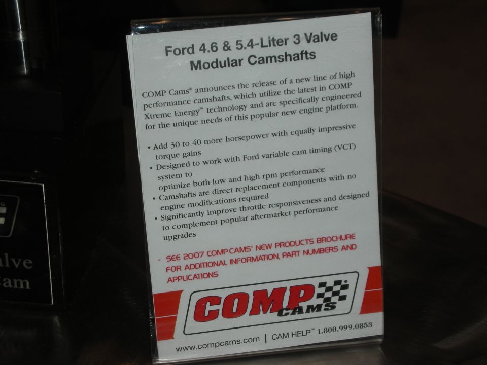 COMP Cams product brochure card announcing Ford 4.6 and 5.4-liter 3-valve modular camshafts