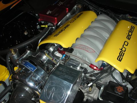 1998 Ford Crown Victoria - Photograph of a detailed engine bay with branded valve covers and supercharger, not a document.
