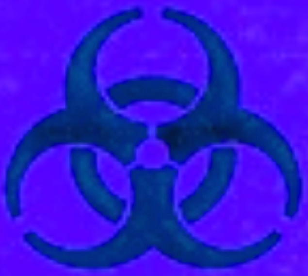 Blue biohazard symbol graphic on a purple textured background