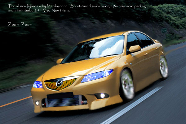 Orange Mazda 6 sedan in motion on a road, lowered with body kit, captioned Mazdaspeed promo image