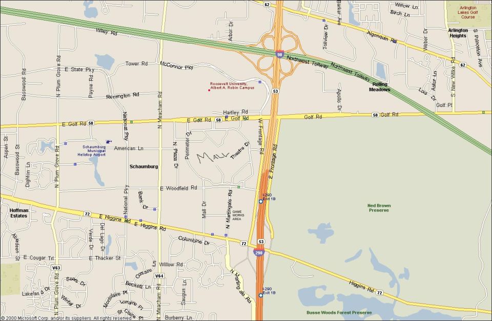 Map showing roads and landmarks in Schaumburg, Illinois, including the Northwest Tollway
