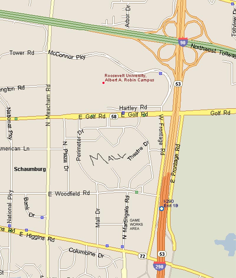 Road map of Schaumburg area showing highways, streets and a mall