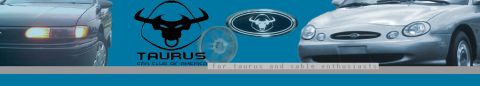 1996 Ford Taurus - Two Ford Tauruses are shown, one on each side of a Taurus Car Club of America logo.
