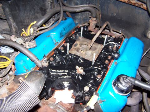 1986 Ford Bronco - Close-up view of an engine's intake manifold and blue valve covers.