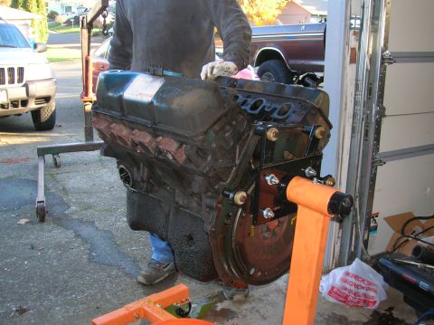 1978 Ford F-250 - Engine removed from a vehicle and placed on an engine stand for service or repair.