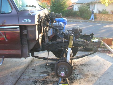 1978 Ford F-250 - The front clip and engine bay of a 1978 Ford F-250 Ranger are shown with the engine removed.