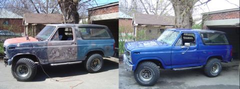 1986 Ford Bronco - Ford Bronco shows progress from bodywork and primer to a completed blue paint finish.