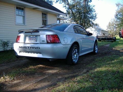 1999 Ford Mustang - This silver 1999 Ford Mustang is shown from the rear, parked on a dirt driveway next to a house.