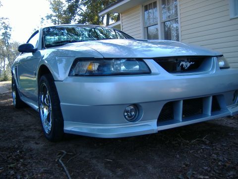1999 Ford Mustang - Silver Ford Mustang from the early 2000s, viewed from a three-quarter front angle.