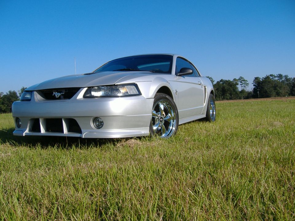 Silver 1999 Ford Mustang coupe with chrome wheels parked in a grassy field