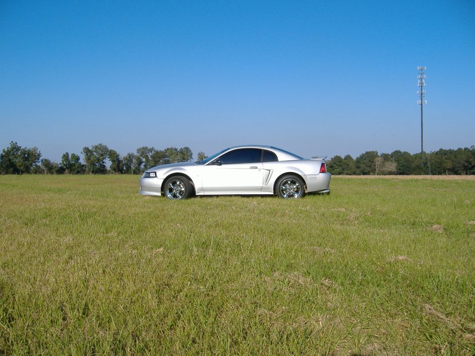 Silver 1999 Ford Mustang parked in a grassy field with a cell tower in the background